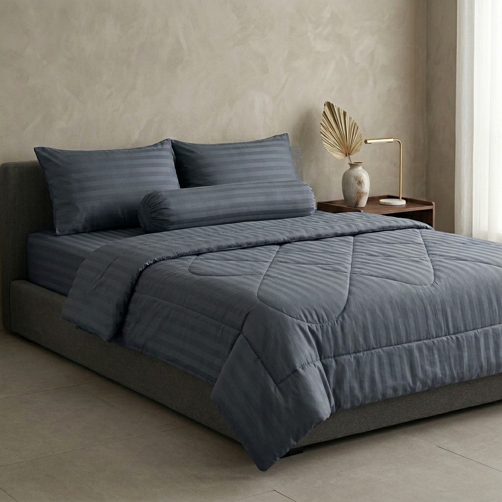 Bộ Chăn Ga Gối Cotton Poly Sọc Satin Cao Cấp 3 Màu Sang Trọng - Xám Sáng, Nâu Khaki, Xám Đậm - Đầy Đủ Kích Thước